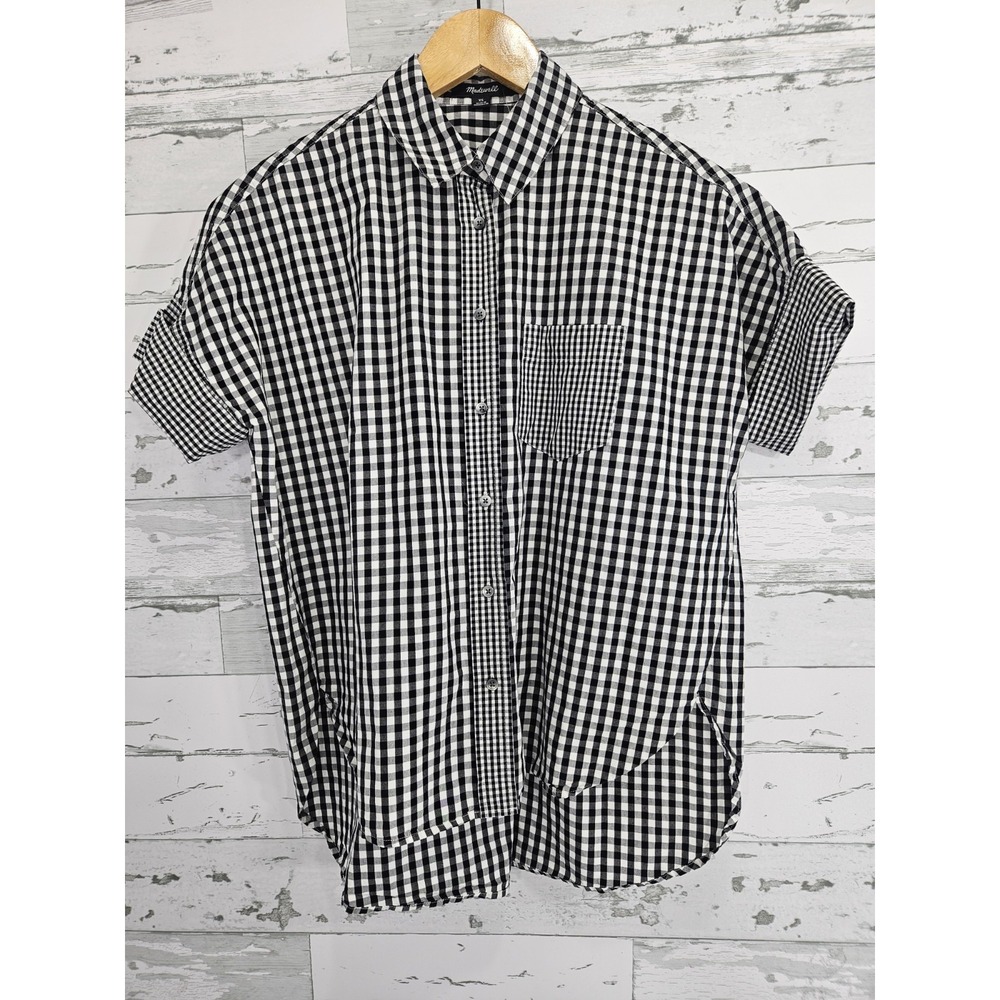 Madewell Womens Gingham Button Up Shirt Black White Cotton Short Sleeve XS